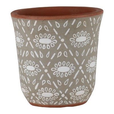 Natural Handthrown Terracotta Planter with White Floral Pattern - Foreside Home & Garden