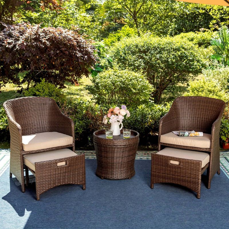 5pc Rattan Conversation Set with Chairs, Ottomans &#38; Storage Side Table - Captiva Designs, 3 of 16