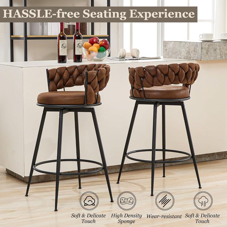 DYHOME 28 inch Bar Stools Set of 3, Modern Counter Height Bar Stools, 360° Swivel Suede Fabric Stool Chairs with Woven Back and Footrest, 3 of 8