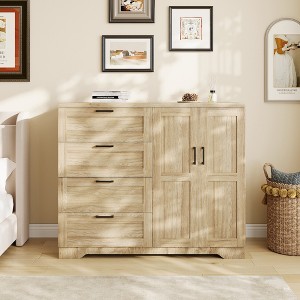 Multifunctional Wooden Dresser for Bedroom, 43.3'' H 2 Door Wardrobe Armoire Closet with 4 Drawers and Hanging Rod, Low Storage Cabinet - 1 of 4