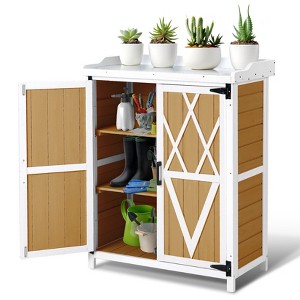 Outdoor Wooden Storage Cabinet with Metal Tabletop, Garden Potting Bench Table with Adjustable Shelf, Weather-Resistant Patio Cabinet for Garden - 1 of 4