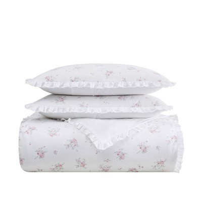 Rosebury White and Pink Cotton Ruffled Full/Queen Duvet Set