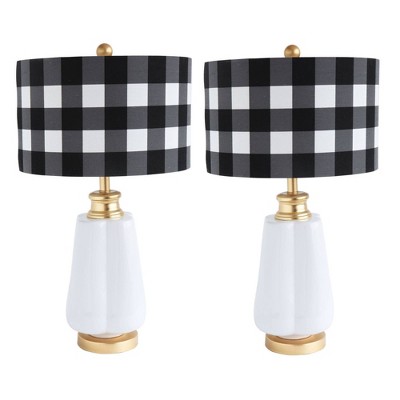 Set of 2 Ceramic Lamp with Gingham Linen Shade Black/White - 3R Studios