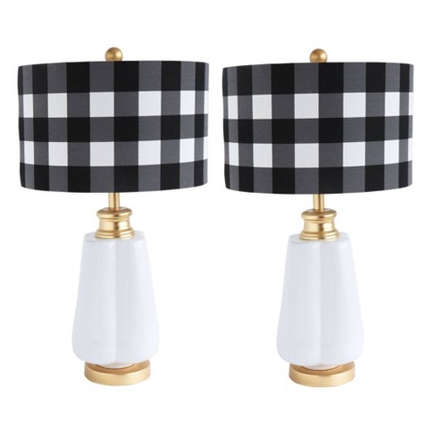 Set Of 2 Ceramic Lamp With Gingham Linen Shade Black White 3r Studios Target