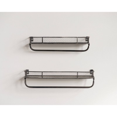 Gray Iron Floating Wall Shelves with Hanging Bar, Set of 2