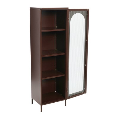Vintage Brown Tall Metal Cabinet with Arched Glass Door and Adjustable Shelves