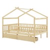 TIRAMISUBEST Twin/Full Size House Bed with 2 Storage Drawers, Wooden House Platform Bed with Fence Guardrails and Roof Design for Kids - 3 of 4