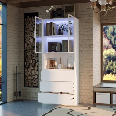 Famapy White Minimalist Storage Display Cabinet: Adjustable Ambient Lighting & Rail Drawers