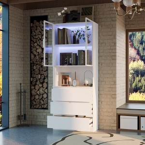 Famapy White Minimalist Storage Display Cabinet: Adjustable Ambient Lighting & Rail Drawers - 1 of 4
