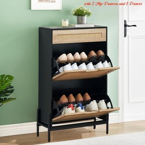Entryway Rattan Shoe Cabinet w/ 2 Flipup Drawers & 1 Drawer, Freestanding Shoe Organizer, 3-Tier Shoe Storage Cabinet with Adjustable Shelves - 1 of 4