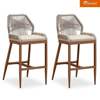 PURPLE LEAF Patio Sunbrella Bar Stools Set of 2 Handwoven Wicker Bar Height Stool Modern Aluminum Outdoor Wicker Barstools with Back and Cushion