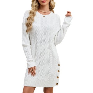 Coolmee Womens Sweater Dress Long Sleeve Crewneck Casual Slim Fit Pullover Knit Sweater Dresses with Side Button - 1 of 4