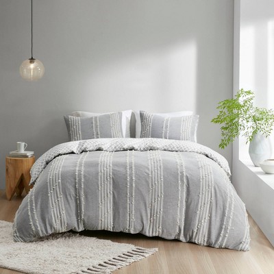 Gray Cotton Jacquard Full/Queen Duvet Cover Set with Shams