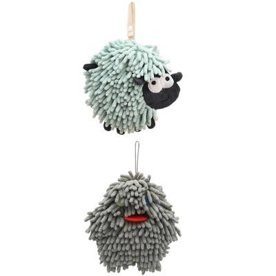 REGALWOVEN 2 Packs Cute Sheep Shape Absorbent Fast Drying Chenille Hand Towels with Hanging Loop 7" x 7"