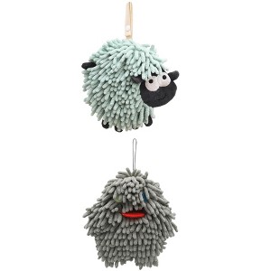 REGALWOVEN 2 Packs Cute Sheep Shape Absorbent Fast Drying Chenille Hand Towels with Hanging Loop 7" x 7" - 1 of 4