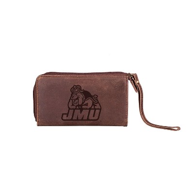 Evergreen NCAA James Madison Dukes Brown Leather Women's Wristlet Wallet Officially Licensed with Gift Box