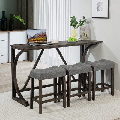 4-Piece Bar Table Set with Power Outlet, Dining Set Contemporary, Dining Set Rectangle with 3 Padded Stools for Living Room&Dining Room-Cuddlewood