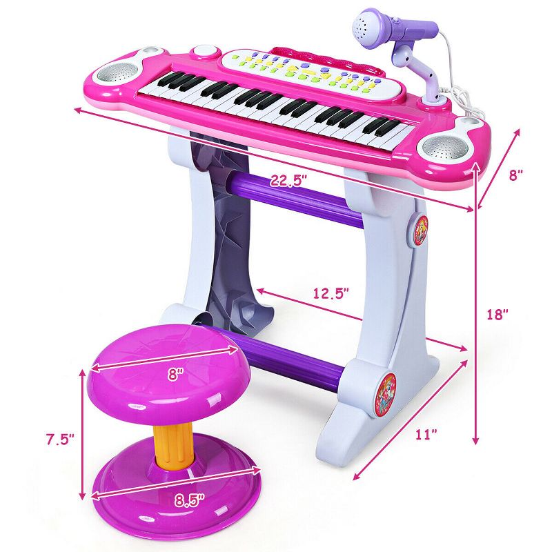 Costway 37 Key Electronic Keyboard Kids Toy Piano MP3 Input with Microphone and Stool Pink/Blue, 2 of 10