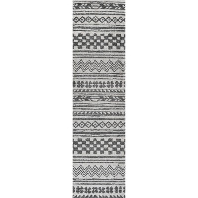 Gray and Ivory Geometric Stripe Runner Rug