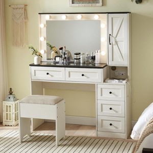 OKD Vanity Tables with Charging Station & 2 Visible Drawers, 43" W Modern Vanity Makeup Desk with Lights Mirror and Drawers - 1 of 4