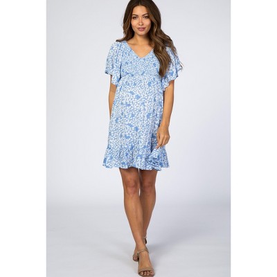 PinkBlush Blue Floral Smocked Ruffle Maternity Dress