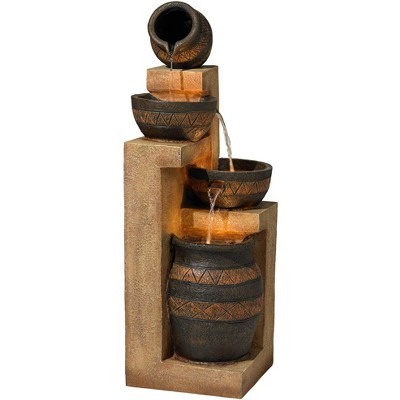 Rustic Stoneware Bowl and Jar Cascading Floor Fountain with LED Light