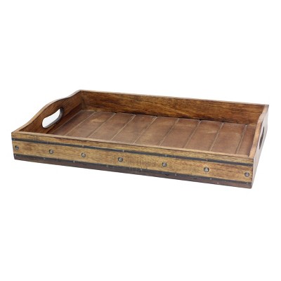 17.7  x 12.1  Rectangular Wooden Tray with Metal Rivets Brown - Stonebriar