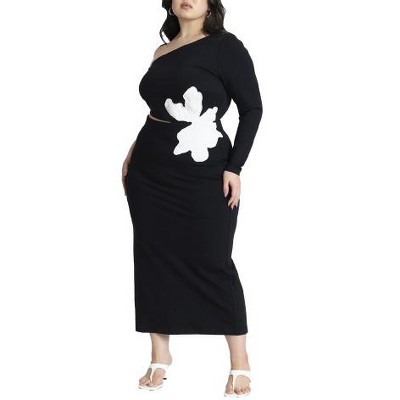 ELOQUII Women's Plus Size One Shoulder Flower Detail Dress