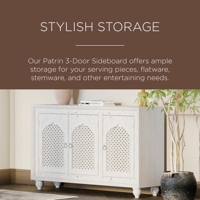 Patrin Distressed White Wooden Sideboard with Carved Doors