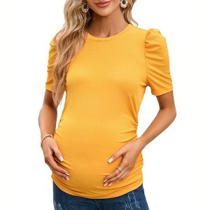 Maternity Tops Women's Casual Ribbed Round Neck Puff Short Sleeve Ruched Side Tunic Blouses Shirts Pregnancy Clothes - 1 of 4