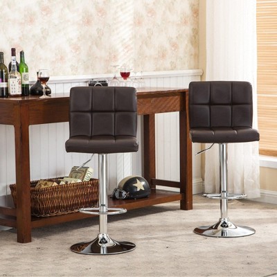 Brown Adjustable Swivel Faux Leather Bar Stools with Chrome Base, Set of 2