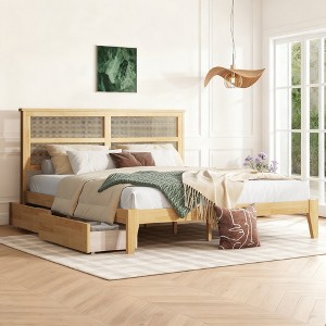 Luxystar King Size Bed with Rattan Headboard, 2 Storage Drawers, Enhanced Support Slats and Feet - 1 of 4