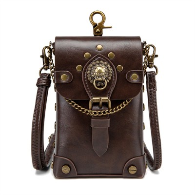 FATMOON Mini Crossbody Bag for Halloween - Gothic Steampunk PU Leather Shoulder Purse with Metal Skull Accents, Chain Strap