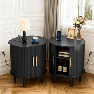 1PC/2PCS Multifunction Fluted Side Table with Charging Hub Sliding Door, Accent End Table with Adjustable Storage Mid Century Modern  for Small Space