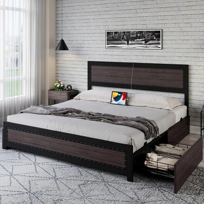 Bed Frame with Storage Drawers & Charging Station, Industrial Metal Platform Bed with Riveted Headboard, No Box Spring Needed