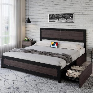 Bed Frame with Storage Drawers & Charging Station, Industrial Metal Platform Bed with Riveted Headboard, No Box Spring Needed - 1 of 4