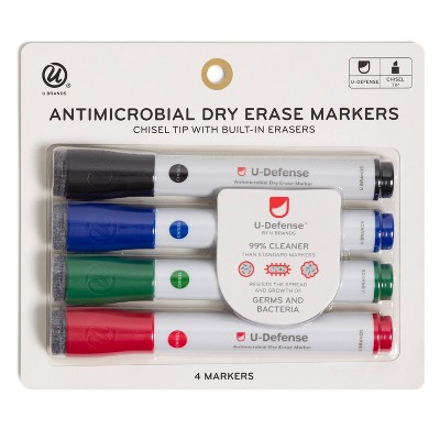 4pk Dry Erase Markers U Defense Antimicrobial Chisel Colors - U Brands