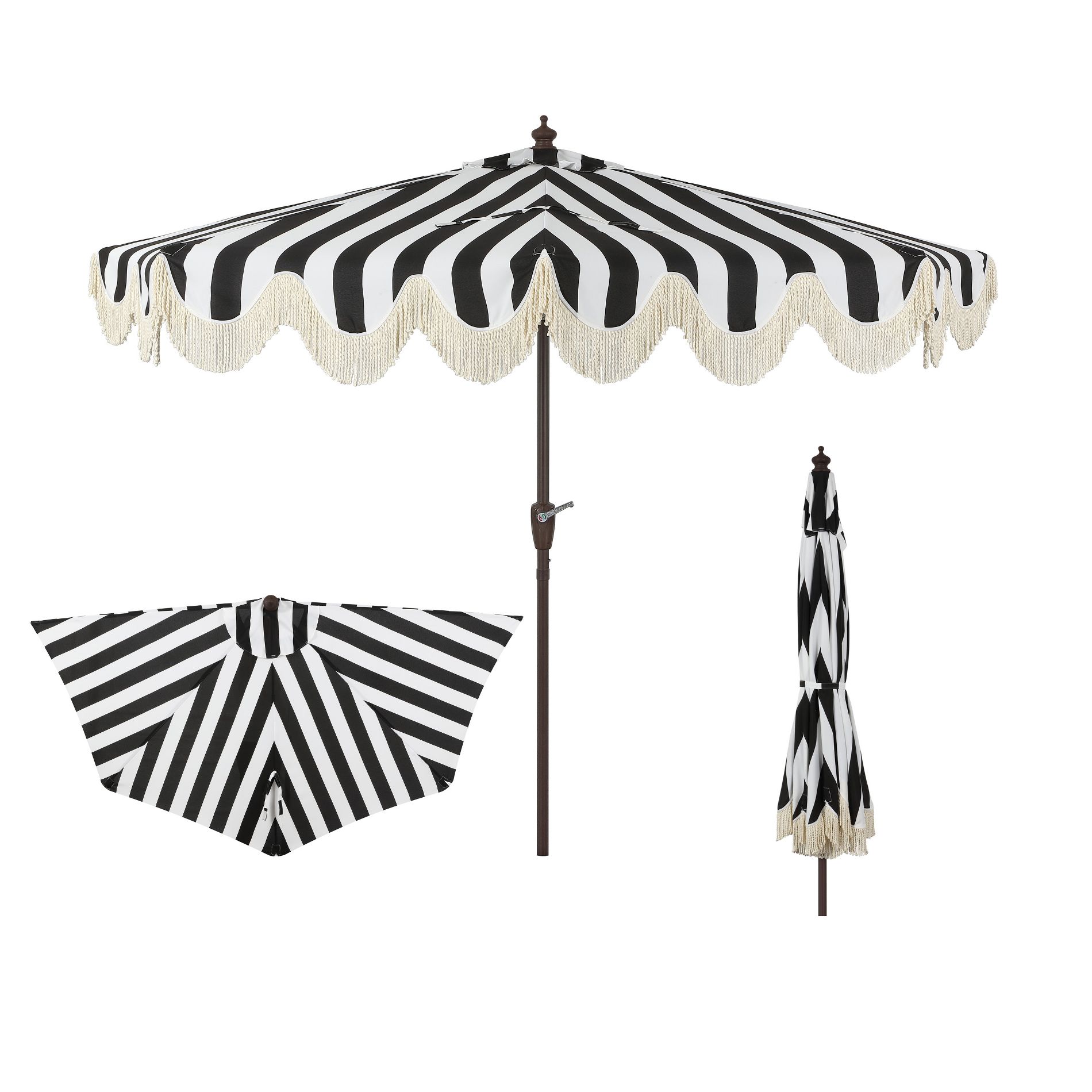 JONATHAN Y Beverly 9 ft. Designer Classic Scalloped Fringe Half Market Patio Umbrella with Crank, Push Button Tilt and UV Protection