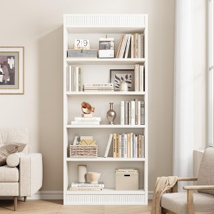 Bookcase w/Display Rack & Fluted Design, 5 Tier Farmhouse Bookshelf with Wood Base, Wood Bookshelf Rustic Vintage Book Shelf for Office Library - 1 of 4