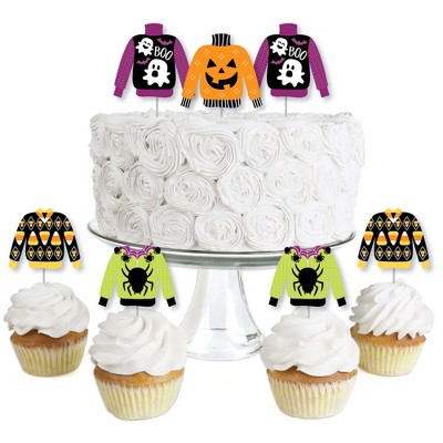 Big Dot of Happiness Halloween Ugly Sweater - Dessert Cupcake Toppers - Halloween Party Clear Treat Picks - Set of 24