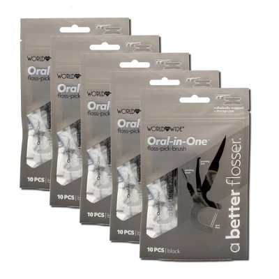 A Better Oral in 1 Floss Pick Brush 5 Pack Black with 50 individually wrapped flossers -