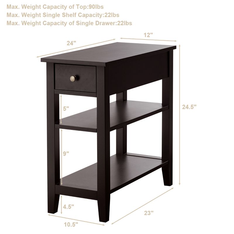 Costway 3Tier Nightstand Bedside Table Sofa Side End Table w/Double Shelves Drawer Brown, 2 of 11