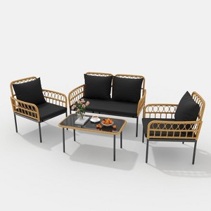 4-Piece Patio Set,Outdoor Wicker Chairs with Glass Table & Cushions,Modern Rattan Bistro Set for Porch,Garden,Balcony - 1 of 4