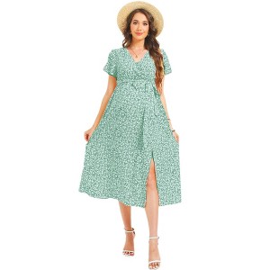 Clearlove Maternity Dress Floral Print Women V Neck High Waist Long Boho Floral Swing Flowy Slit Beach Maxi Dress - 1 of 4