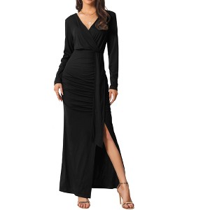 Seta T Women's Party Ruched Wrap Long Sleeve V Neck Split Hem Draped Front Bodycon Maxi Dress - 1 of 4
