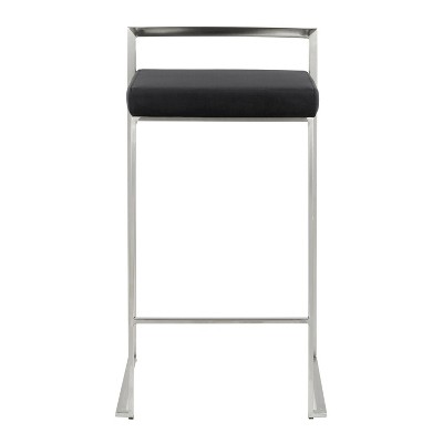 Fuji Brushed Stainless Steel Stackable Counter Stools with Black Velvet Cushion, Set of 2