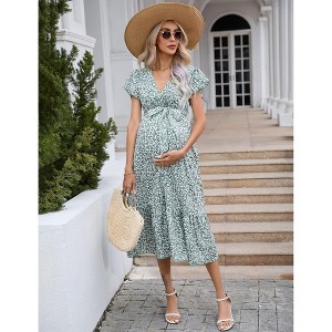Coolmee Women Summer Boho Floral Short Sleeve V Neck Ruffle A-Line High Waist Maternity Dress With Belt - 1 of 4