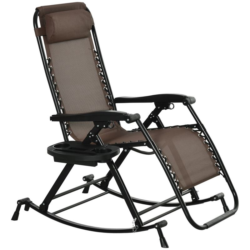 Outsunny Outdoor Rocking Chairs, Foldable Reclining Zero Gravity Lounge Rocker w/ Pillow, Cup & Phone Holder, Combo Design w/ Folding Legs, Brown, 4 of 7