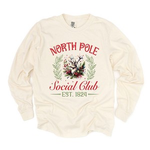 Simply Sage Market Women's North Pole Social Club Reindeer Long Sleeve Garment Dyed Tee - 1 of 4