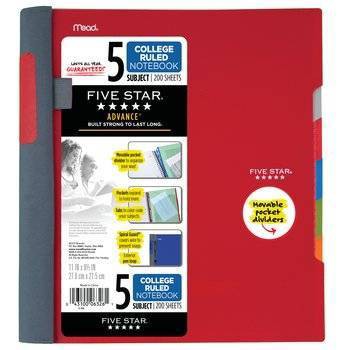 Five Star 5 Subject College Ruled Advance Spiral Notebook with Pocket Dividers (Colors May Vary)